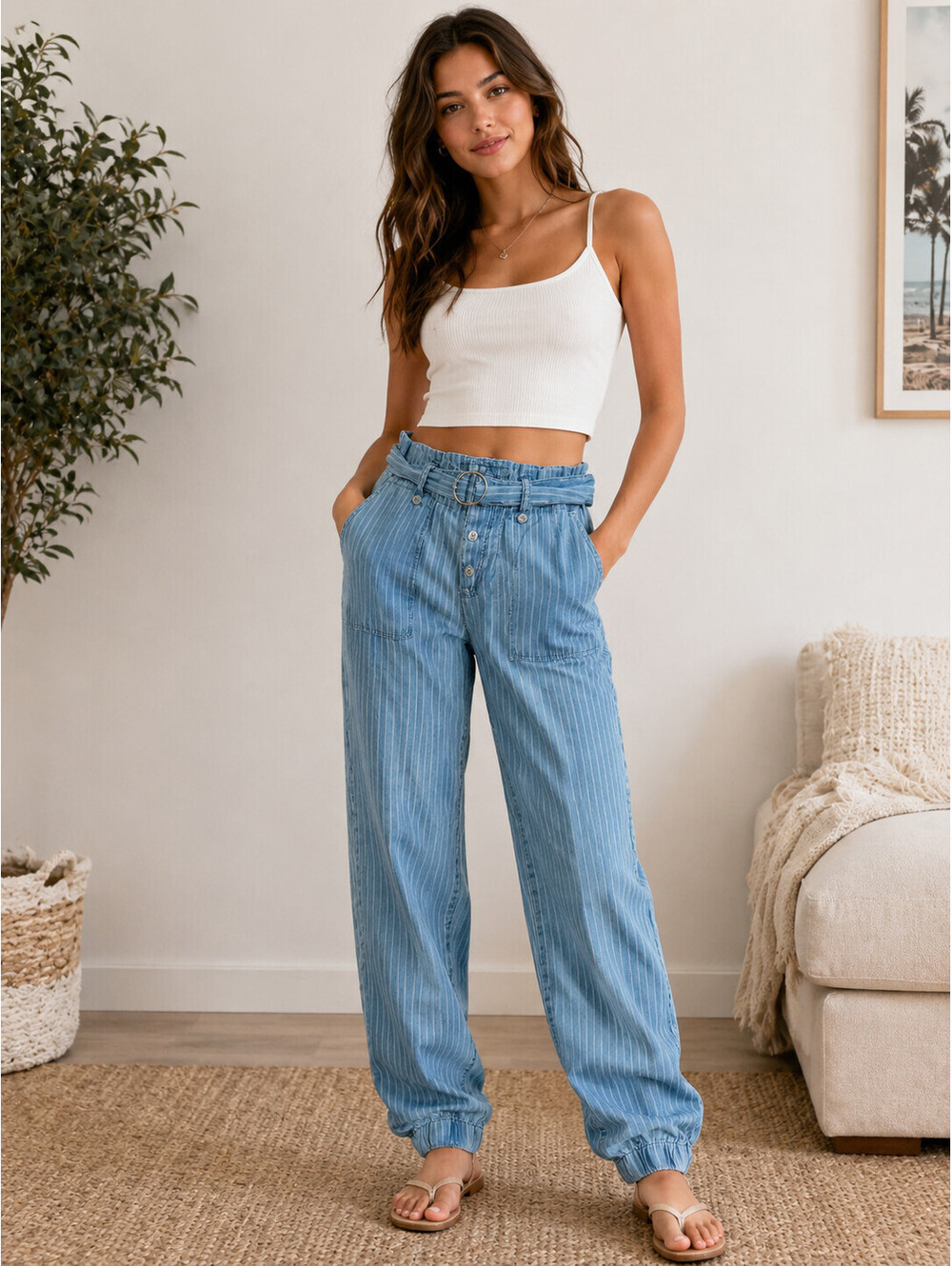 Indigo rein Striped Paperbag Waist Jogger Pants size M